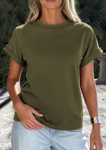 Image of PRETTYGARDEN Womens Summer Tops Short Sleeve Shirts | Lightweight Stretchy Knit,Rolled Sleeves,Crewneck Basic Tees,Loose Fit Daily T Shirt,Casual Work Travel Vacation Outfits