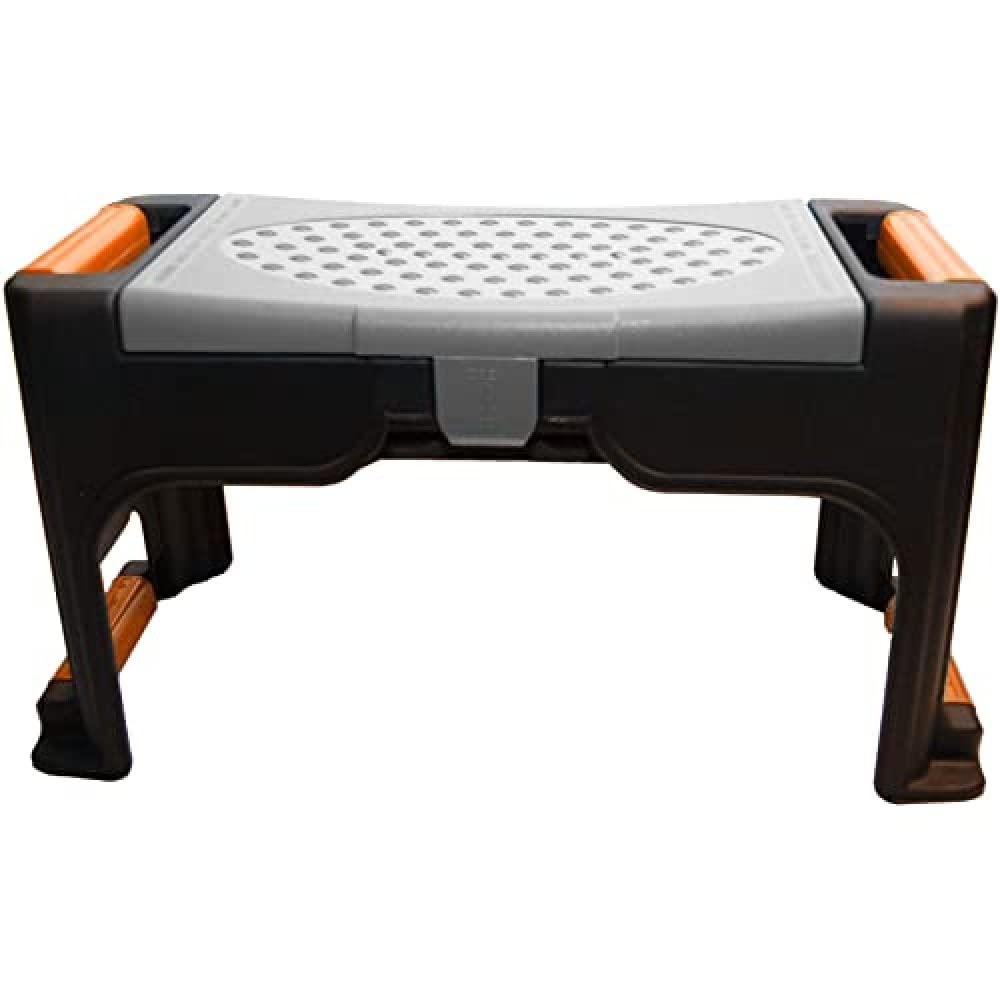 HOME IT® Banco de jardín con almacenaje 26 x 50 x 19 cm – Taburete y cojín de Rodillas en uno – Espuma EVA Acolchada – Soporta hasta 90 kg – Negro/Naranja/Gris