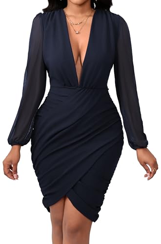 Image of SeNight Women Church Dress Sexy V Neck Dresses Bodycon Black Long Sleeve Mini Dresses