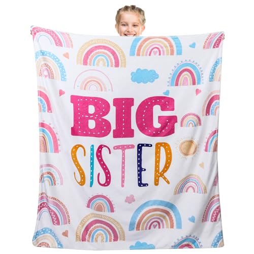Buryeah 60 x 50 Sisters Gift Big Sister Blanket Soft Warm Flannel Throw Blanket Pastel Rainbow Sis to Be Announcement New Big Sis Gift for Baby Shower Birthday Party Supplies