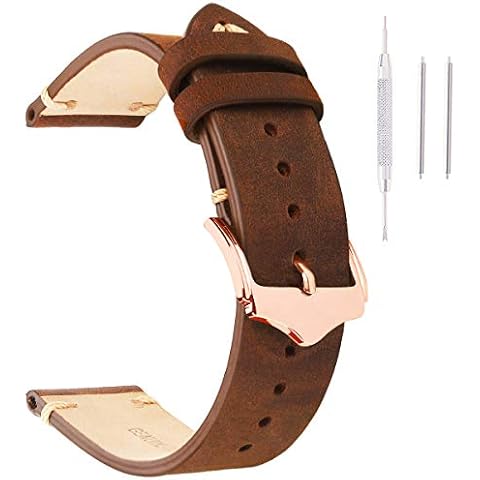 Leather Watch Bands For Men EACHE Vintage Watch Straps For Women Crazy Horse/Oil Wax/Suede/Vegetable-Tanned Leather Replacement Watchband 18mm 19mm 20mm 22mm, brown rose gold buckle, 18mm, Vintage Cover