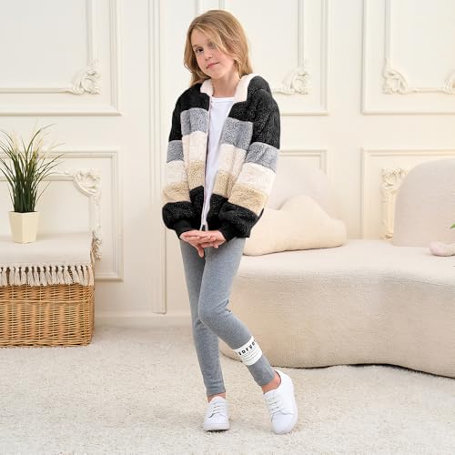 Image of Girls Zip up Hoodie Kids Fuzzy Fleece Jacket with hood Fall Winter Contrast color Pullover Sweatshirt 4-14 Years
