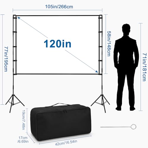 Beamer Leinwand mit Stativ, 120 Zoll Projektor Leinwand Tragbare Outdoor Kino, Faltenfrei 16:9 HD Rear Front Garten Projektion mit Tragetasche für Camping Home Party Theater Nächte