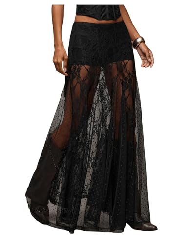 MakeMeChic Womens Lace Sheer Maxi Skirts Floral Polka Dots Ruffle Concert Boho Goth Long Skirts Black Small