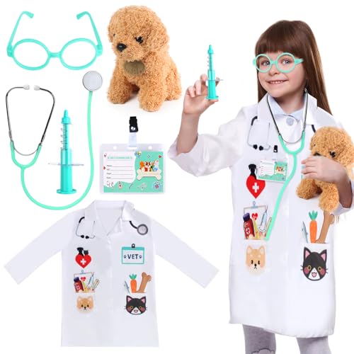 Kyson Veterinarian Costume for Kids 6 Pcs Animal Doctor Vet Dress Up Pretend Play for Boys Girls Halloween Career Day (Set A)