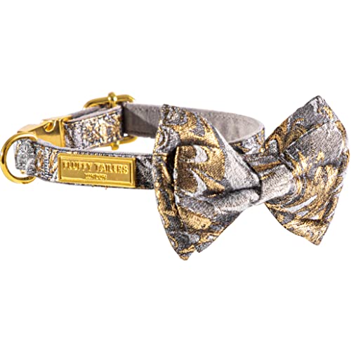 Fluffy Tailers Luxury Occasion Dog Collar With Detachable Bow Tie in Grey Gold Silk (Extra Small)