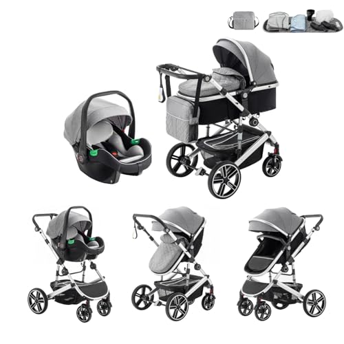 Kakbgee 3 en 1 Carrito Bebé, Cochecito Bebe con Asiento de Coche, Cochecito con Mango Ajustable de Altura, Cochecito Carro de Visión alta con Marco de Aluminio, Gris(0-4 Años, 22KG)