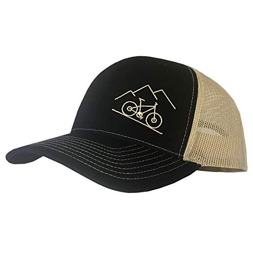 ThreadBound Outdoor Trucker Hat Snapback - Mountain Bike Design (Black/Desert Gold)