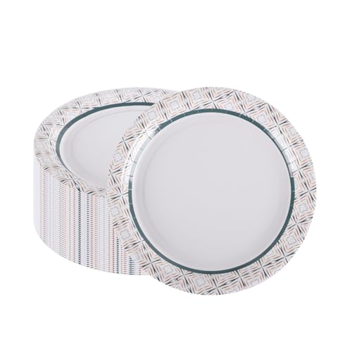CEILIWEN Lot de 50 assiettes en carton blanches de 23 cm – Assiettes en carton robustes avec bords à motif géométrique, résistantes aux coupures et à la...
