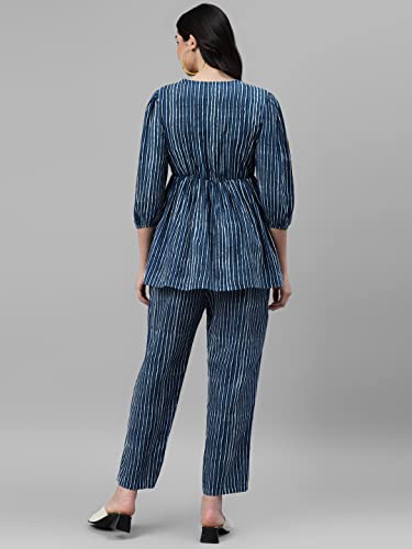 Image of DEEBACO Women's Stripe Print Cotton Flared Tunic & Pants Set|V Neck Top & Elasticated Waist Pant Western Casual Wear Indigo Relaxed Fit Cord Set Outfit for Ladies (DBCOMR00000802 XL Navy Blue)