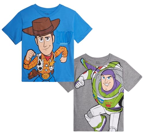 Disney Cars Toy Story Boys Shirts - 2 Pack Lightning McQueen Buzz Lightyear Short Sleeve Boys Tees for Toddler and Little Boy, Size 5-6, Heather Grey/Blue Toy Story