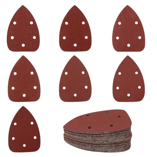 ZYKORT 70 Piezas Hojas de Lija Triangular, 5 Hoyos Hojas de Lija Mouse, Papel de Lija con Grano 40/60/ 80/120/ 180/240/ 320 para lijar y pulir