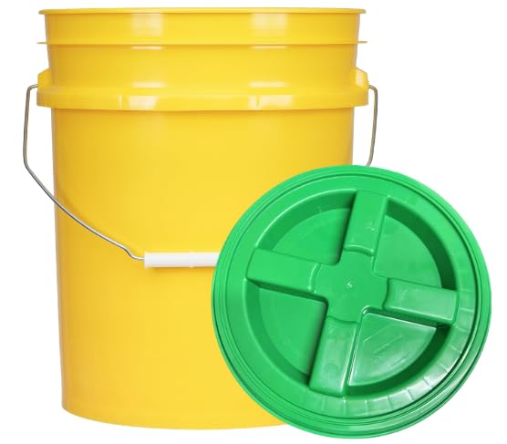 House Naturals 5 Gallon Plastic Yellow Food Grade BPA Free Made in USA Bucket Pail with Air Tight Double Gasket Screw on Lid(Pack of 3) (Yellow and Green lids)