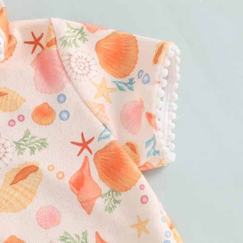 Image of Girls Hooded Terry Coverups Zip Up One Piece Swimsuits Sea Animals Print Short Sleeve Ruffle Swim Cover Up Swimwear (Orange Shell, 5-6 Years)