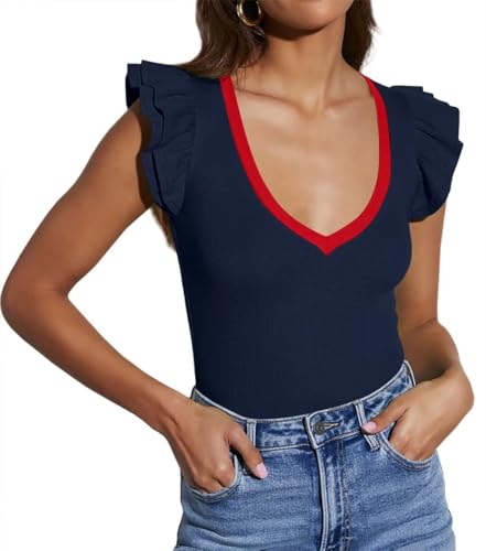 LACOZY Women's Deep V Neck Rib Knit Sleeveless Top Navy Blue XL - Image 3