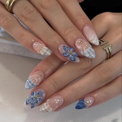 Image of Flower Nail Press ons French Tip Press on Nails Ocean Shell Fake Nails Glossy Full Cover Glue on Nails Artificial Acrylic Stick on Nail Medium Almond False Nail for Women Girls Manicure 24Pcs