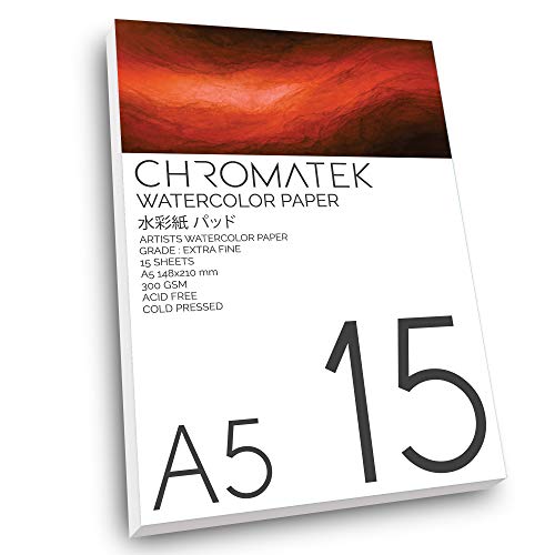 A5 Extra Fine Grade Watercolor Pad, 15 Sheets, 300 GSM, Cold Pressed, Acid Free, Professional Paper Designed for Watercolor Paints and Watercolor Pens, by Chromatek