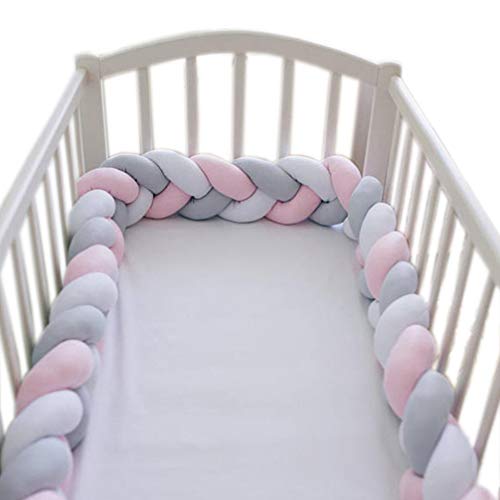 LOAOL Baby Bed Bumper Knotted Braided Plush Nursery Cradle Decor Newborn Gift Pillow Cushion Junior Bed Sleep Bumper (White-Gray-Pink, 6.5 Feet)