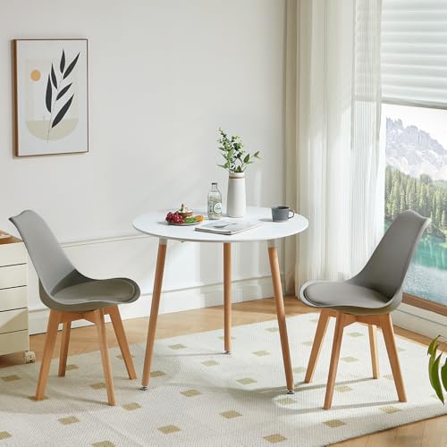 LafeuR Ensemble de table ronde avec 2 chaises - Table blanche + 2 chaises grises pour balcon, cuisine, salon
