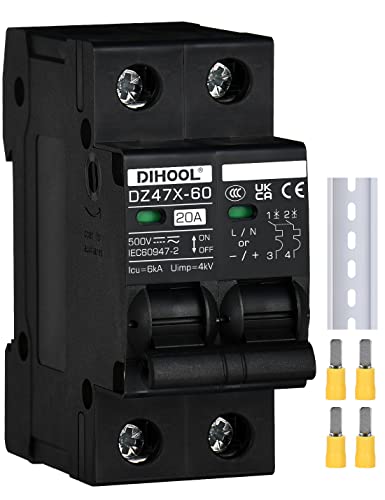 DIHOOL DC disjoncteur 12V 24V solaire PV disjoncteur fusible photovoltaïque automatique (DC500V,2 pôles,20 ampères)