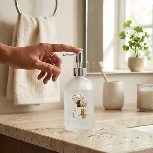 Image of Luxe Home International Flower Print Glass Soap Dispenser for Bathroom and Kitchen Sink Leak Proof Liquid Hand Wash Round Bottle Lightweight Smooth Finish (19.5x7.5 cm White) Pack of 1