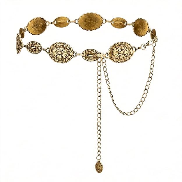 Waist Chain for Women for Saree Gold Metal Concho Waist Belt | Stylish Boho Western Hip Belt Fashion Adjustable Cowgirl Jewellery Chain Belts for Dresses, Jeans, Skirts, Beach Outfits-picture-41