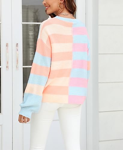 Image of chouyatou Women's Casual Crew Neck Color Block Striped Patchwork Knitted Pullover Sweater Tops