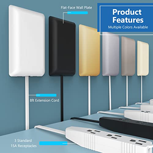 Image of LIDER Flat-Face Outlet Extender with 3 Receptacles, Ultra-Thin Wall Plate Plug with Cord Extender and 3-Outlet Power Strip, 8ft Cord, LWE8-315-SV, 1625W, ETL Listed, Matte Silver, 1-Pack