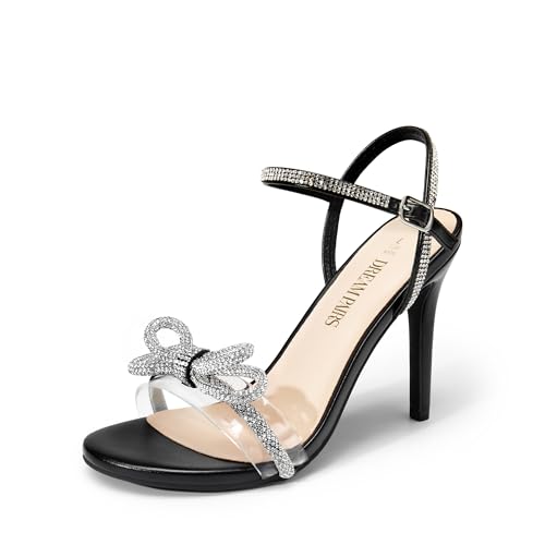 DREAM PAIRS Women's Heels Round Toe Rhinestone Double Bowknots Sparkly Stilettos Heeled Sandals Shoes for Party Evening 11 Black-pu