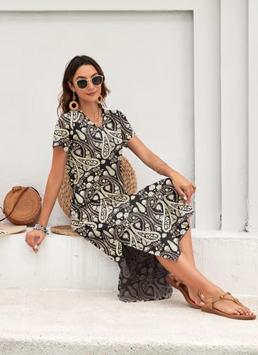 Image of MISFAY Womens Maxi Dress Short Sleeve V Neck Loose with Pockets | Soft stretchy breathable, v neck loose fit, side split hem, two side pockets, casual daily beach vacation travel dress