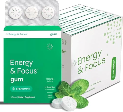 Image of Energy Caffeine Gum (54 Pieces) - Sugar Free with L-theanine + Natural Caffeine + Vitamin B12 & B6 - Nootropic Energy & Focus Supplement for Women & Men - Keto & Vegan, Spearmint Flavor