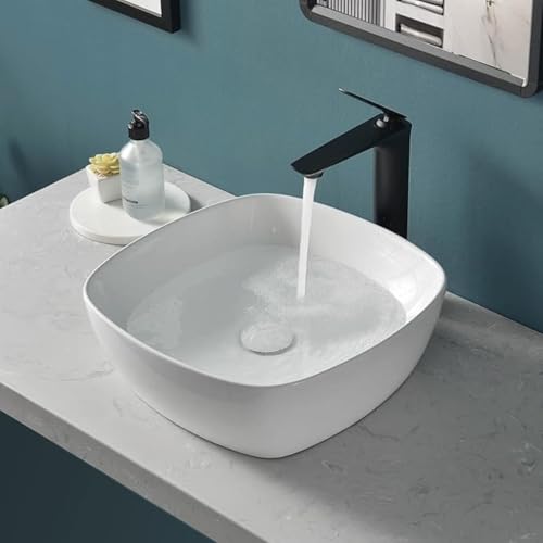 Image of QUALITO Table Top Wash Basin for Bathroom, Living Room, Hall, Dinning Room | Countertop /Over Counter Ceramic Vessel Sink /Basin | Glossy Finish Table Top Wash Basin (White, 16x16x6 Inch)