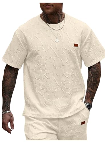 SHENHE Men's Textured T Shirt Crew Neck Short Sleeve Letter Embossed Casual Summer Tee Top