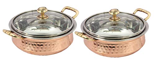 Set of 2 Indian hammered copper stainless steel serving bowl for food soup with handle and glass lid decorative seveware Size- 5 Inch