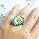  Anillo Ajustable con Flor de Margarita Blanca Real sobre Base de Acero Inoxidable, Regalo para Mujer