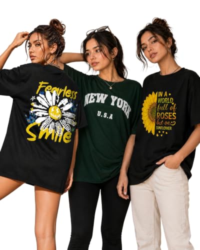 Image of London Hills Oversized Tshirt for Woman | t Shirt for Woman Oversized Fit Printed Round Neck | Tops for Woman's | Women t Shirt Loose Fit Drop Shoulder | t Shirts for Women | Western Tops