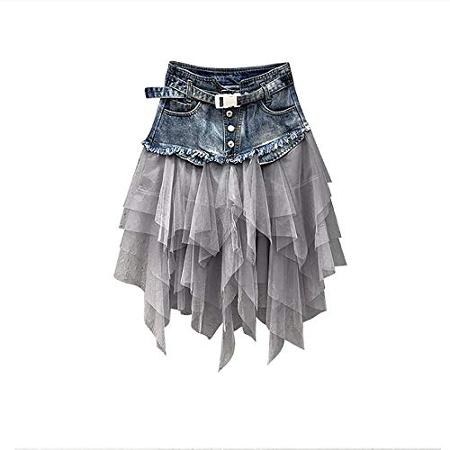 Gonna Mini in Tulle Gonna Punk Gotica a Vita Alta Gonna di Jeans Irregolare Gonna Sexy a Maniche Corte a Rete con Patch Club