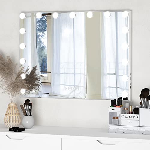 Manocorro Vanity Mirror With Bluetooth Speaker And Lights, Hollywood Makeup Mirror, Large Vanity Lighted Mirror With 15 Led Bulbs, 3 Color Modes, Usb Port, Tabletop Or Wall-Mounted, 23X18 Inch #TOP7