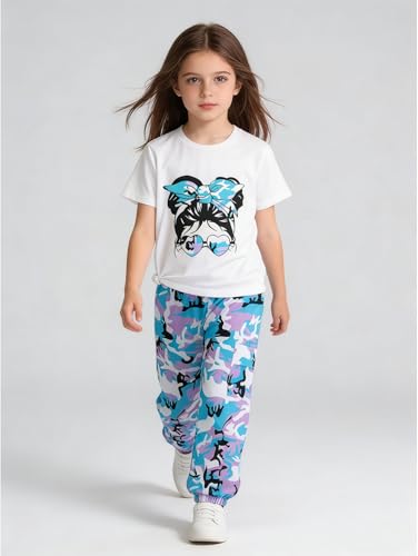 Image of Girls 4 Pieces Outfits Short Sleeve Printed Tee Tops and Pants Set 4-12Y