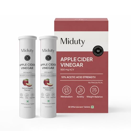 Image of Miduty ACV Effervescent Tablets With 500mg Apple Cider Vinegar , Vit B6 & B12, 10% Acetic Acid | Control Appetite Supports Bloating & Metabolism, No Added Sugar, No Maltodextrin- Pack of 2 (30 Tablets)