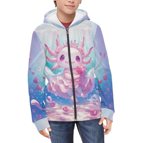 Girls Axolotl Sweatshirts Cute Zip Up Hoodie Graphic Jacket Long Sleeve Hoodies Hooded Sweater Shirts 6Y-16Y4