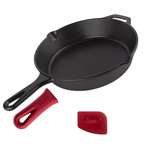 Image of Cast Iron Skillet - 10 inch-Inch Frying Pan with Pour Spouts + Pan Scraper + Silicone Grip Handle Cover Holder - Pre-Seasoned Oven Cookware - Indoor /Outdoor Use - Stovetop, Induction. PFAS and PFOA-free