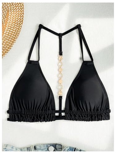 Milumia Women's Rhinestone Backless Triangle Bikini Top Sexy Ruched Halter Beach Swimsuit Tops4