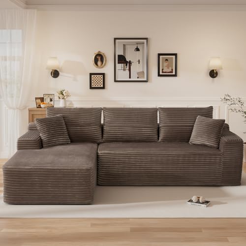 Image of 108 inch L Shaped Cloud Boneless Sectional Couches for Living Room, Modern Comfy Modular Deep Seat Memory Foam Compressed Corduroy Sofa Oversized Left Facing Chaise, No Assembly Required, Brown