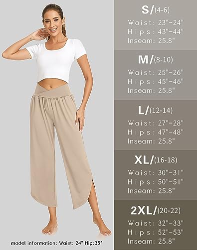 Image of TARSE Women's Wide Leg Yoga Pants Cross High Waist Flowy Split with Pockets | Comfy Lightweight Stretch, Flare Hem Cropped, Loose Dance Pants, Travel & Lounge, Everyday Casual Wear