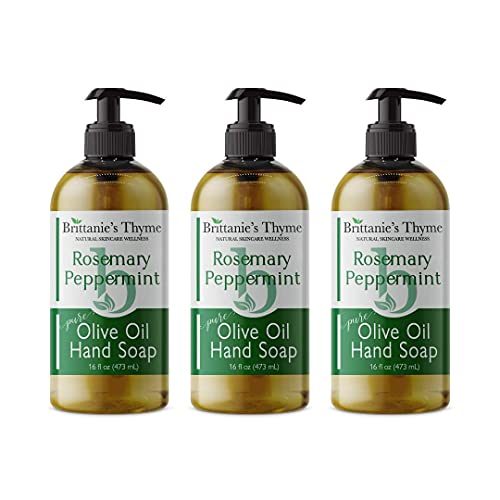 Brittanie s Thyme Organic Natural Rosemary Peppermint Hand Soap - 16oz 3 Pack- Castile Soap Made with Olive Oil and Natural Luxurious Essential Oils - Vegan & Gluten Free