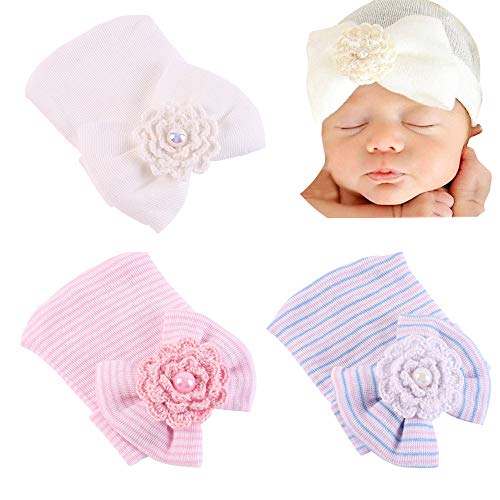 jerague Preemie Newborn Hospital Hat Soft Cotton Baby Girls Head Wrap with Big Bow Cap Nursery Beanie, 3 Pack 0-3months