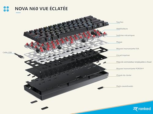 Ranked N60 Nova 60% | Hot Swappable Mechanical Gaming Keyboard | 62 Keys Multi Color RGB LED Backlit for PC/Mac Gamer | ISO FR AZERTY French Layout (Blue, Gateron Pro Yellow)