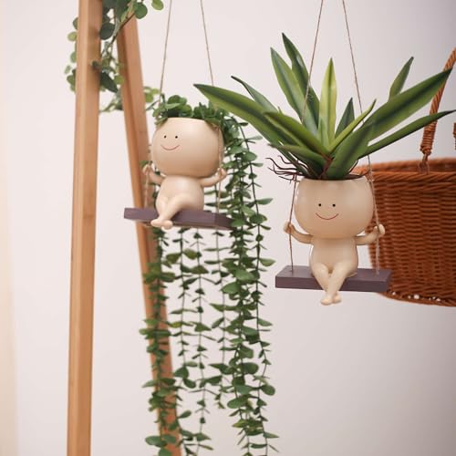 Image of Pottery Swing Hanging Face Planter Pots for Indoor Outdoor Plants, Cute Swinging Flower Pots Succulent Plant's for String of Pearls