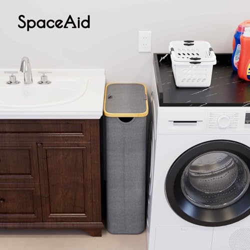SpaceAid Slim Laundry Hamper with Lid, 65L Narrow Clothes Basket Bin with Bamboo Handles, Skinny Tall Collapsible Hamper for Bedroom, Bathroom, Dorm, Laundry Room - Grey